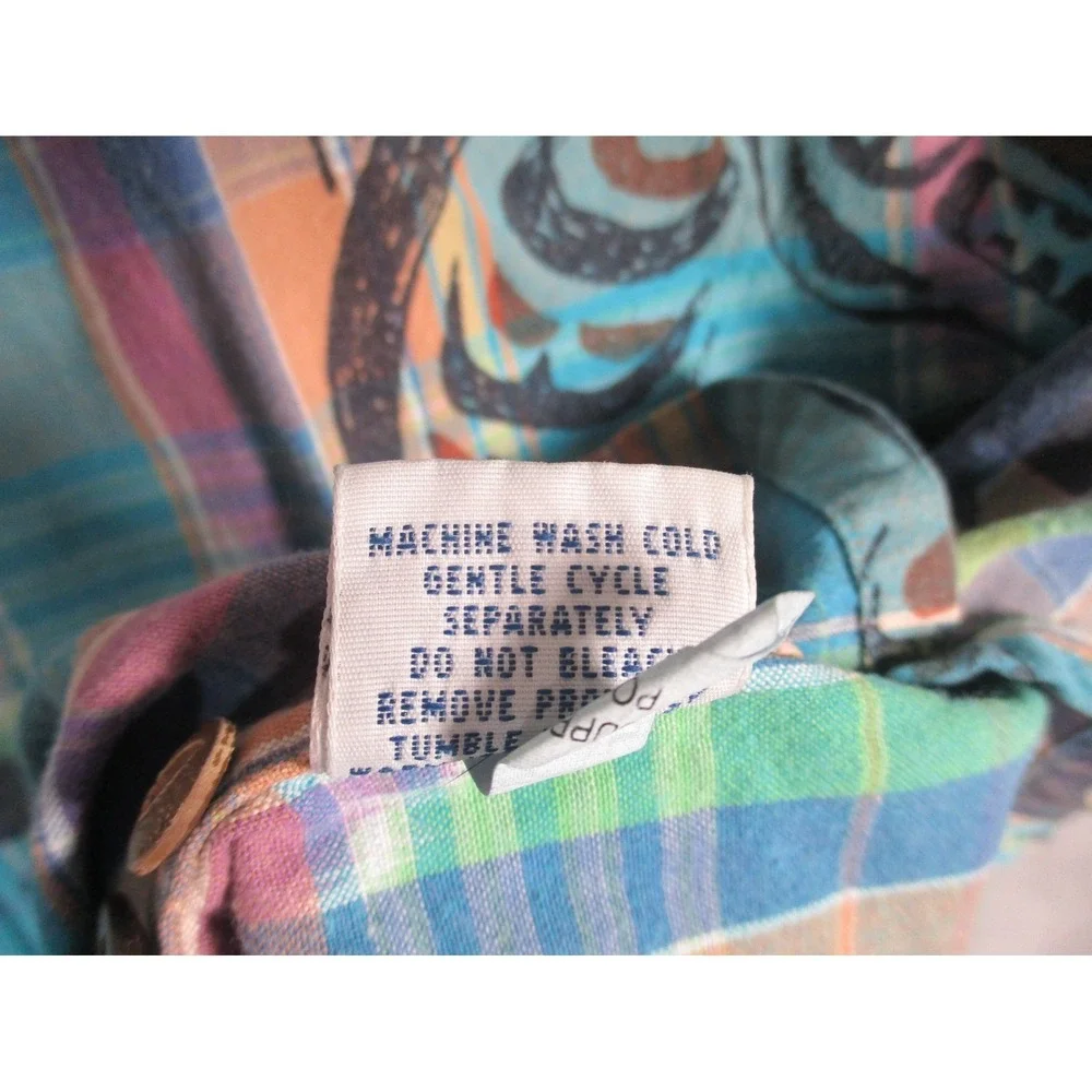 Vtg Polo Ralph Lauren Shirt Men‎ L  Blue Plaid Southwest Fish Print Button Front
